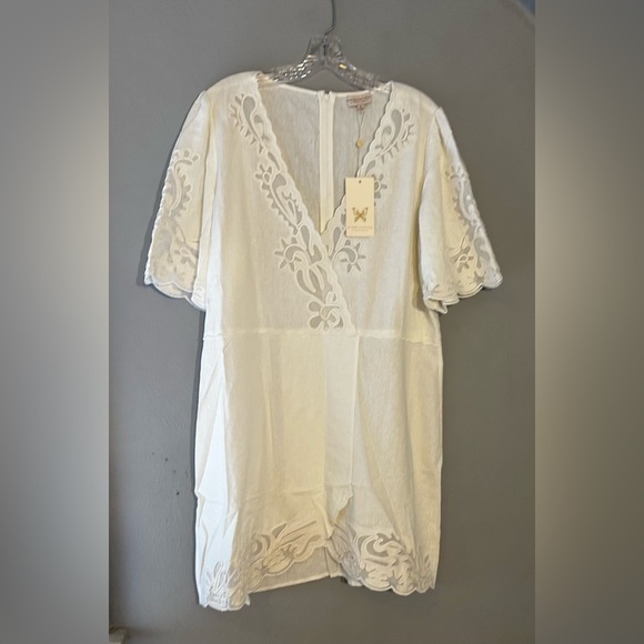 Secret Mission Linen Blend Lavinia Embroidered Scallop Hem Mini Dress Size Large - Picture 4 of 7
